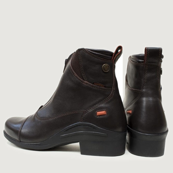 Bareback Idaho Storm waterproof jodhpur boots in brown, angled front view of the pair