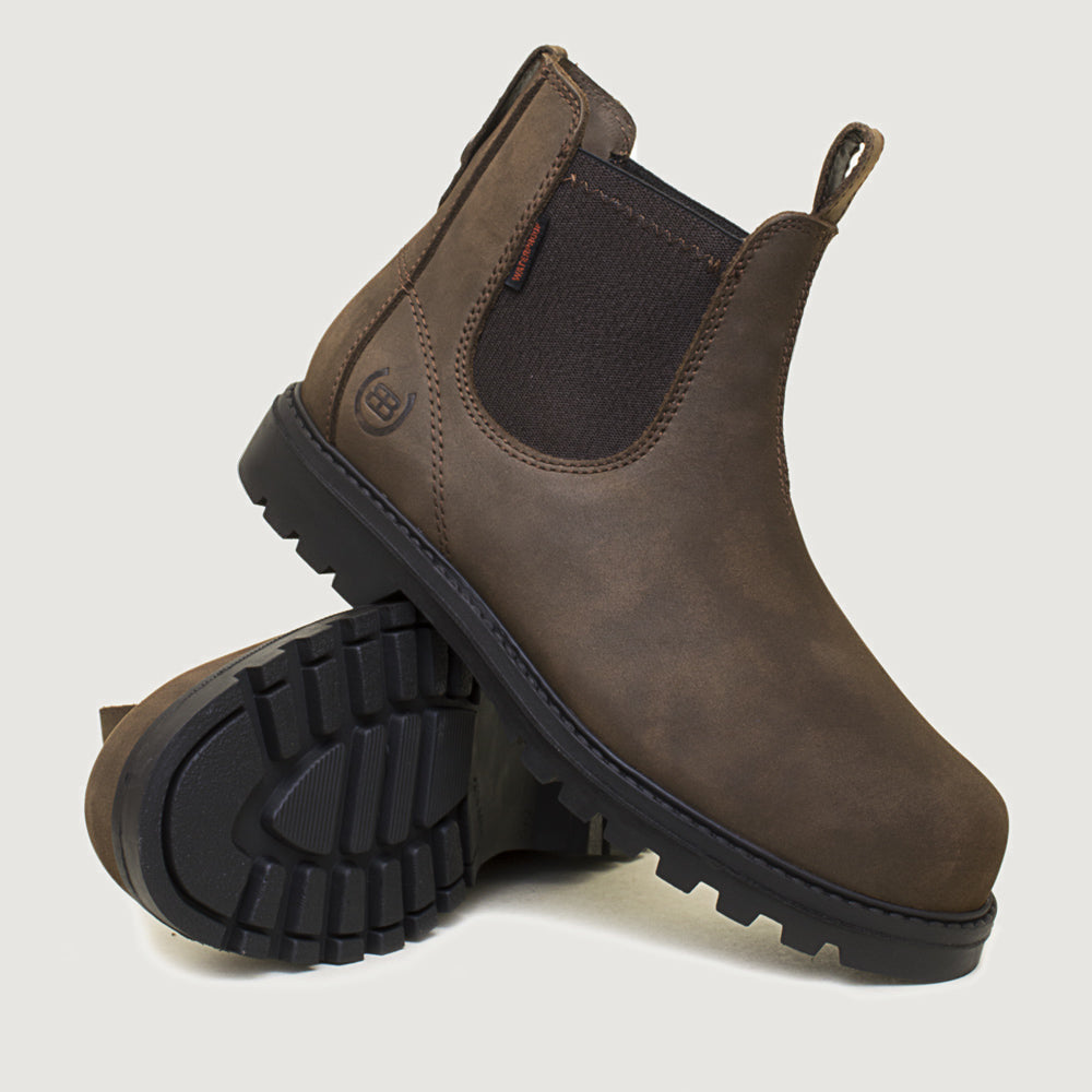 Bareback Vancouver Storm waterproof boots in brown, showing the cleated rubber outsole