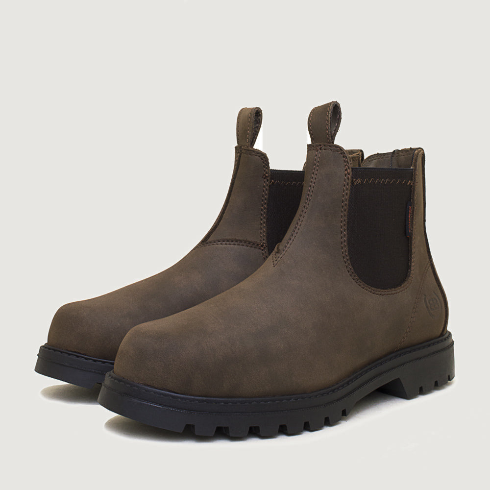 Bareback Vancouver Storm waterproof boots in brown, angled front view of the pair