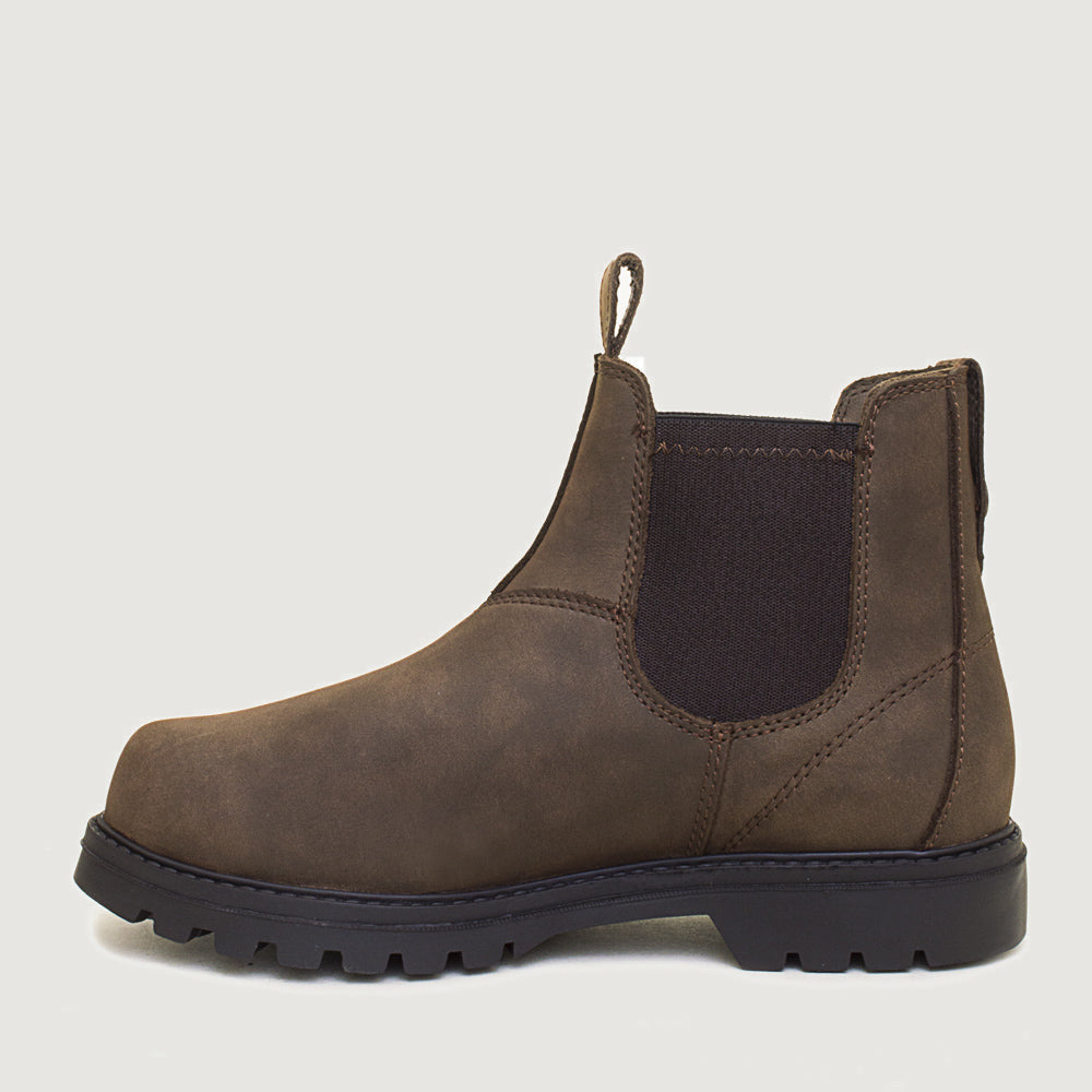 Bareback Vancouver Storm waterproof boots in brown, side view of a single boot