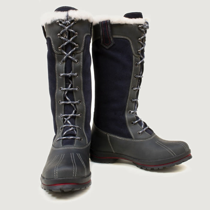 Bareback Polar Storm waterproof boots in navy with faux fur trim, angled front view of the pair