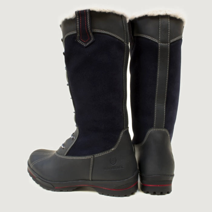 Bareback Polar Storm waterproof boots in navy with faux fur trim, rear view of the pair