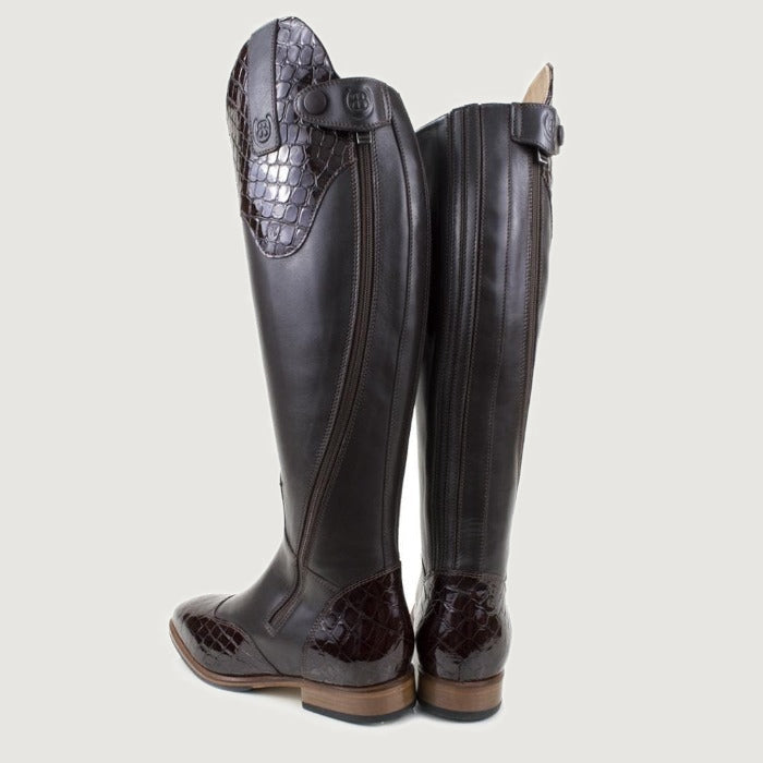 Bareback Milan long dress riding boots in brown, rear view of the pair