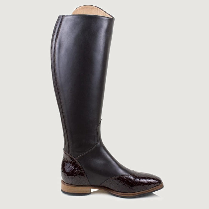 Bareback Milan long dress riding boots in brown, side view of a single boot