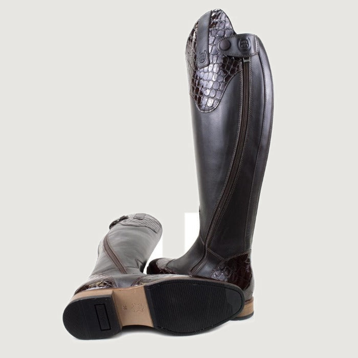 Bareback Milan long dress riding boots in brown, showing the leather sole and heel