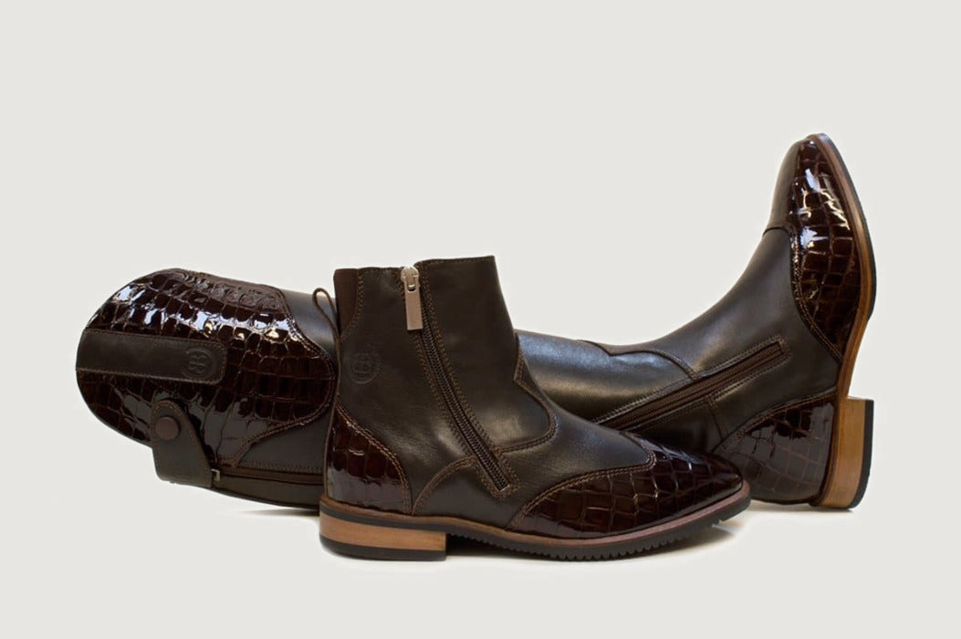 Bareback Milan long dress riding boots in brown, laid flat showing the patent toe cap
