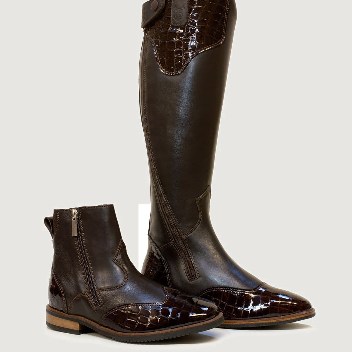 Bareback Milan long dress riding boots in brown, shown alongside the matching ankle boot