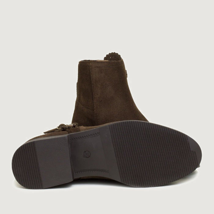 Bareback Valencia suede tassel ankle boots in brown, showing the stacked heel and sole