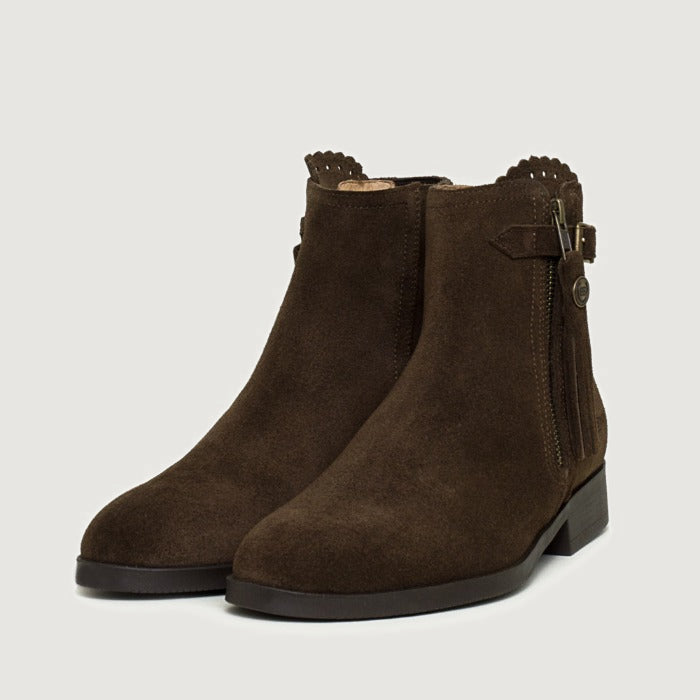 Bareback Valencia suede tassel ankle boots in brown, angled front view of the pair