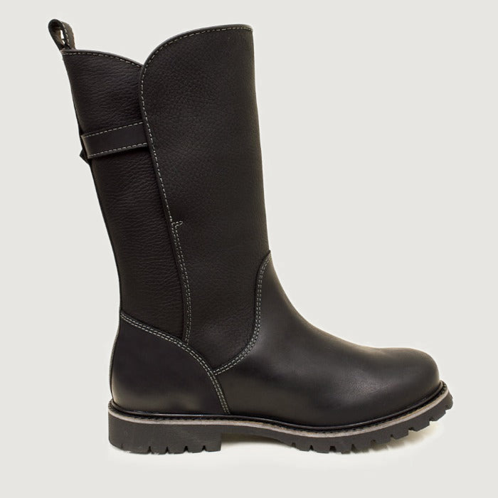 Bareback Quebec waterproof mid calf boots in black, side view with buckle strap
