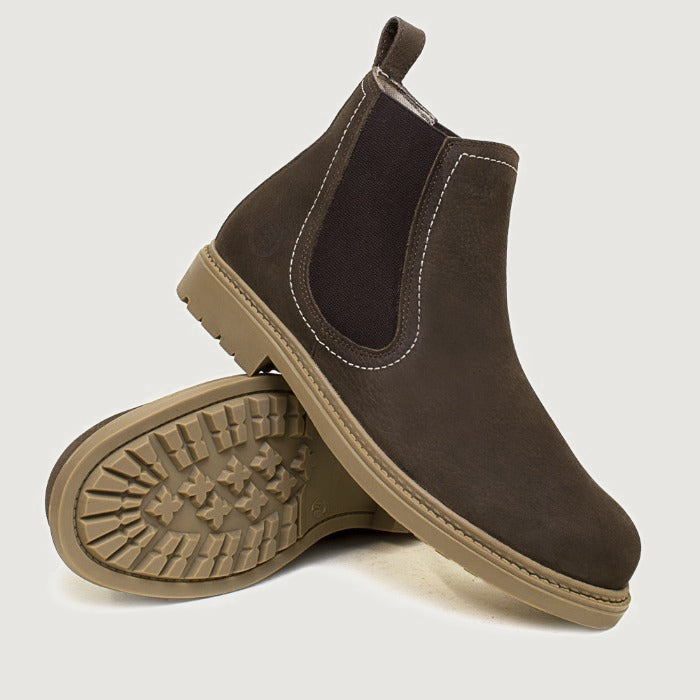 Bareback Toddy suede Chelsea boots in brown, angled view showing the outsole