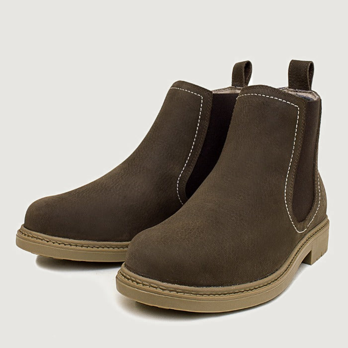 Bareback Toddy suede Chelsea boots in brown, angled front view of the pair