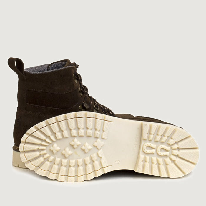 Bareback Chicago waterproof suede boots in brown, showing the cream rubber outsole