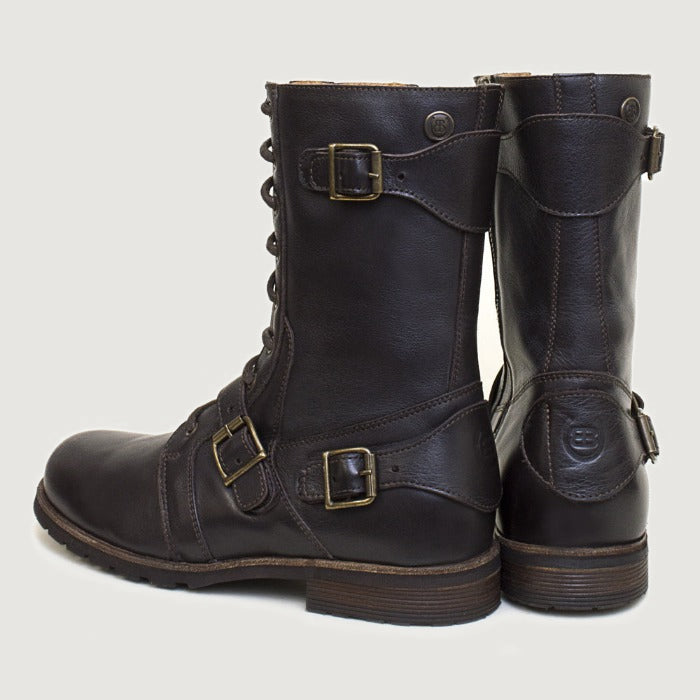 Bareback Harley boots in brown leather, rear view of the pair showing the buckle straps