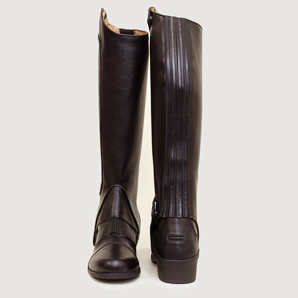 Bareback Vaqueros premium half-chaps in brown leather, rear view showing the elasticated panel