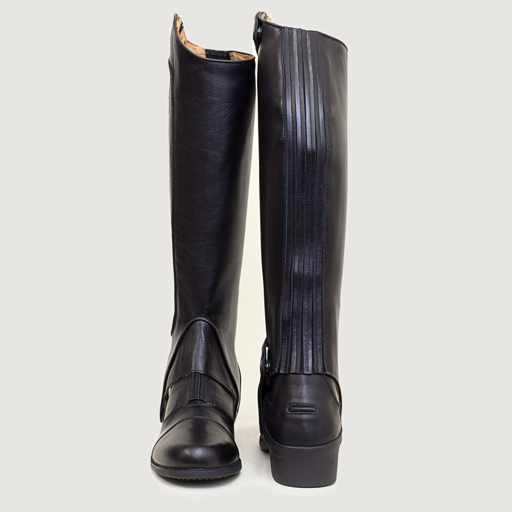 Bareback Vaqueros premium half-chaps in black leather, rear view showing the elasticated panel