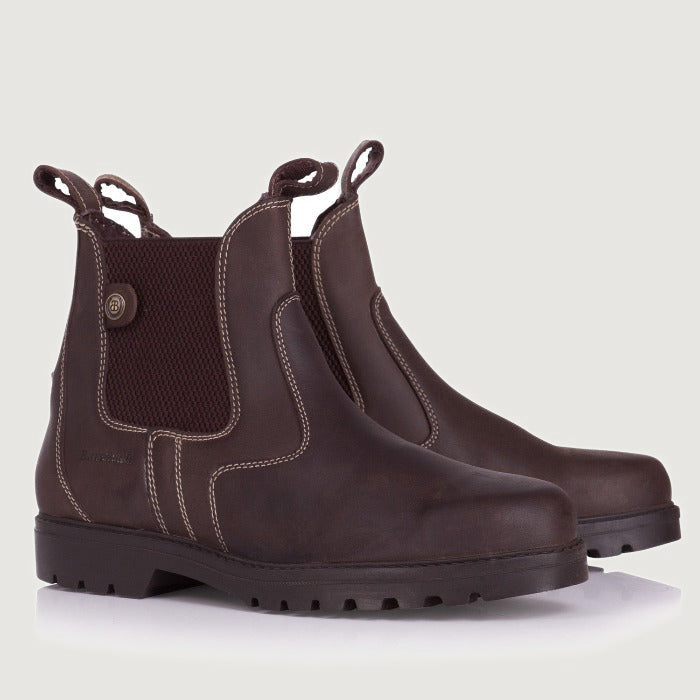 Bareback Bronx pull-on yard boots in brown leather, angled side view of the pair