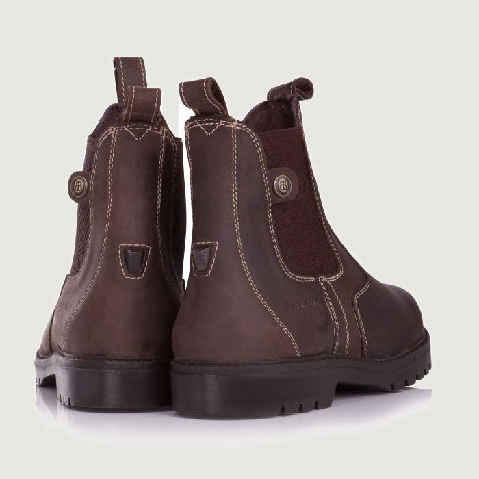 Bareback Bronx pull-on yard boots in brown leather, rear view of the pair