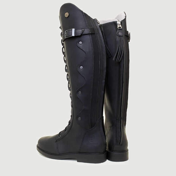 Bareback Andalucia lace-up long riding boots in black leather, side view showing the full-length rear zip