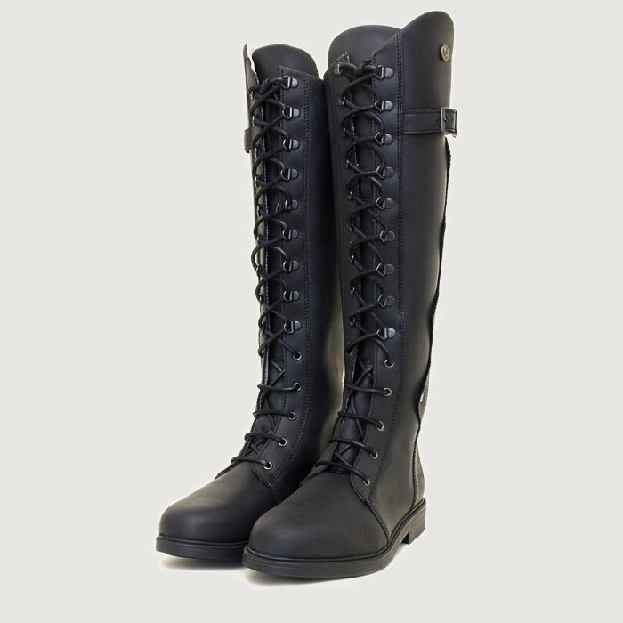 Bareback Andalucia lace-up long riding boots in black leather, angled front view of the pair