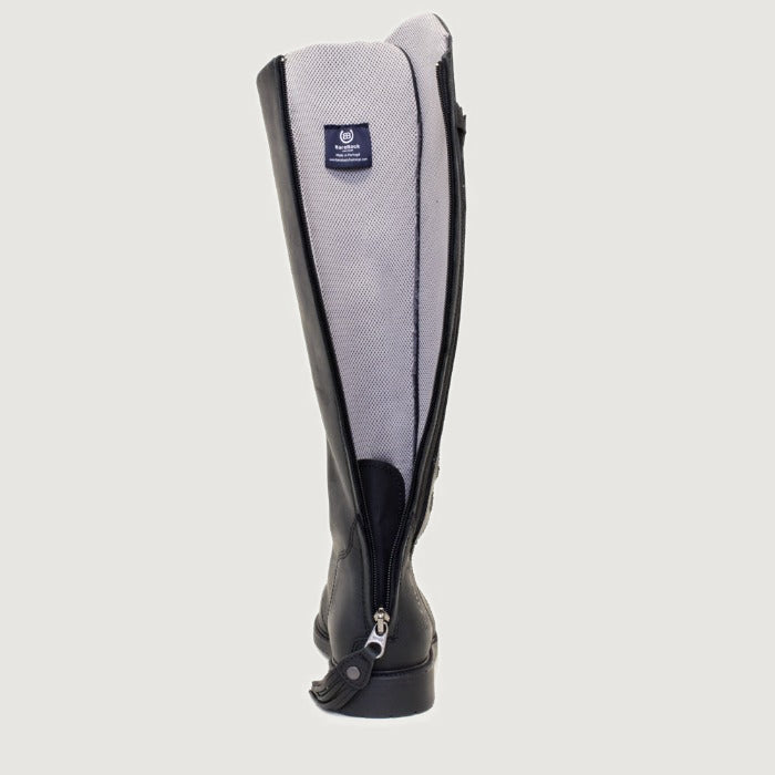 Bareback Andalucia lace-up long riding boots in black leather, rear view showing the full-length zip open