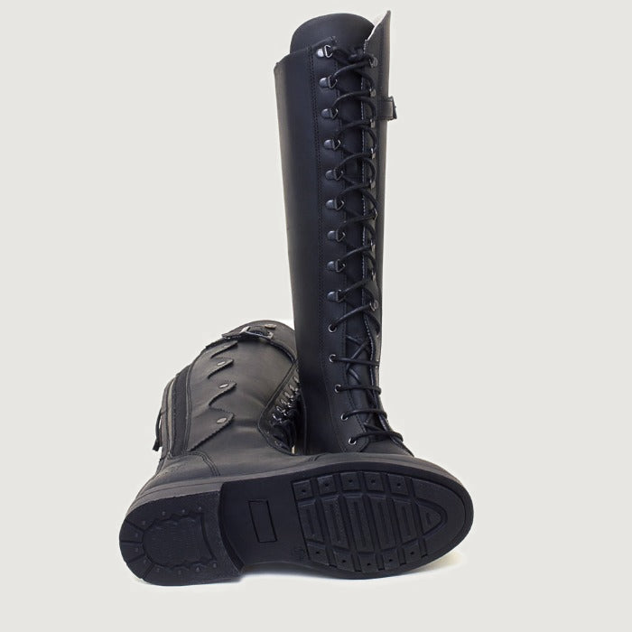 Bareback Andalucia lace-up long riding boots in black leather, showing the cleated rubber outsole