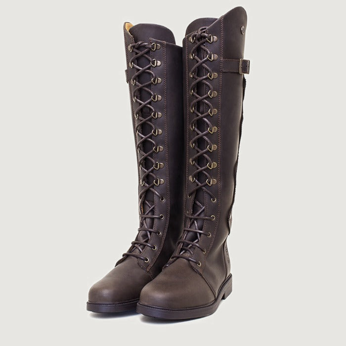 Bareback Andalucia lace-up long riding boots in brown leather, angled front view of the pair