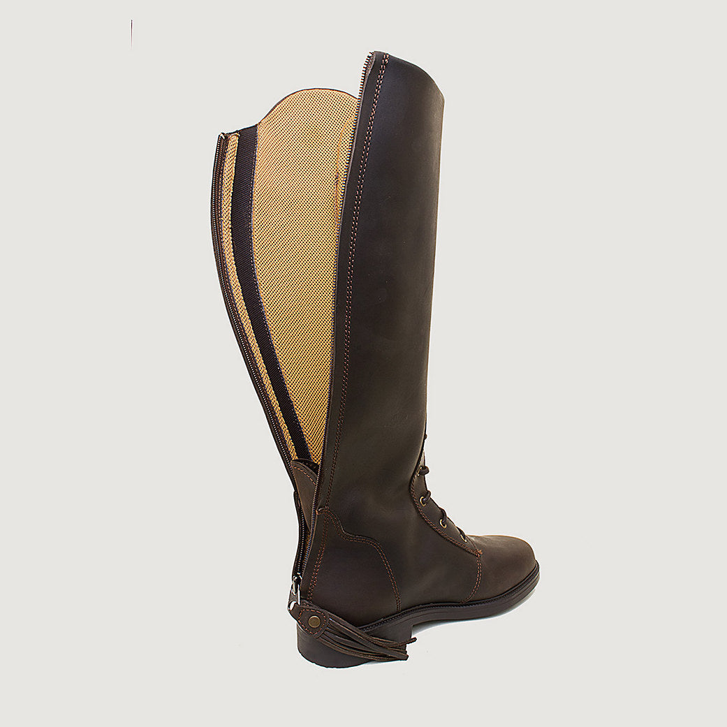 Bareback Andalucia lace-up long riding boots in brown leather, close-up view