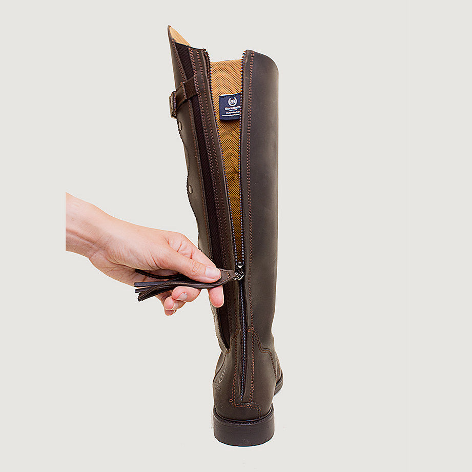 Bareback Andalucia lace-up long riding boots in brown leather, front view
