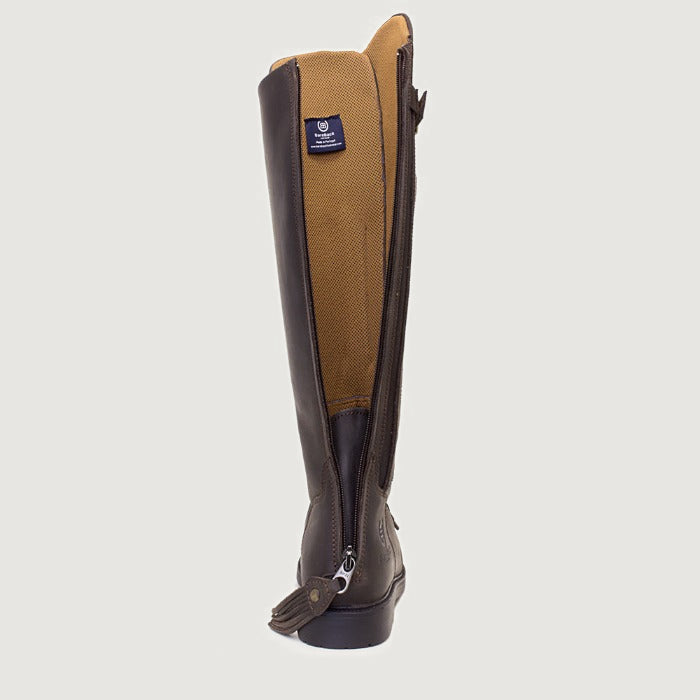 Bareback Andalucia lace-up long riding boots in brown leather, rear view showing the full-length zip