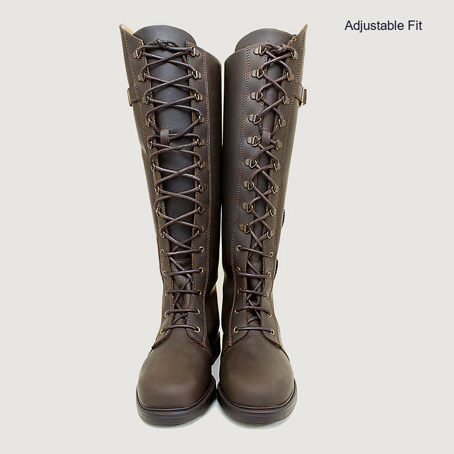 Bareback Andalucia lace-up long riding boots in brown leather, side view
