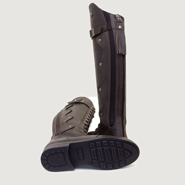 Bareback Andalucia lace-up long riding boots in brown leather, showing the cleated rubber outsole