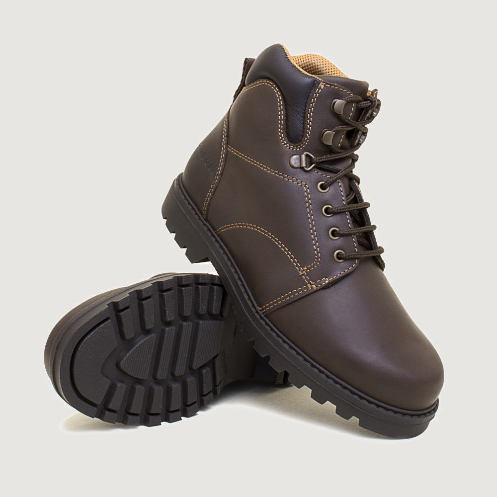 Bareback Buffalo walking boots in brown leather, showing the cleated rubber outsole