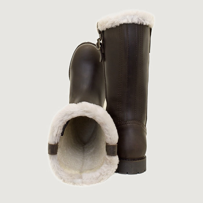 Bareback Alaska Storm waterproof boots in brown, showing the sheepskin lining inside the boot
