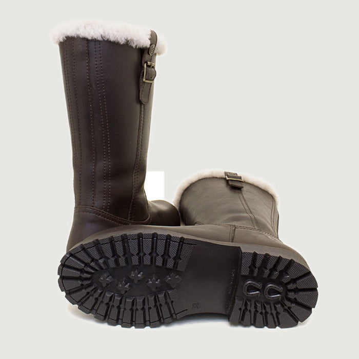 Bareback Alaska Storm waterproof boots in brown, showing the cleated rubber outsole