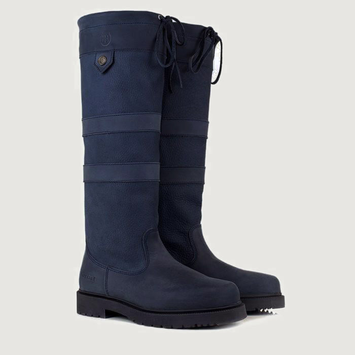 Bareback Dakota waterproof country boots in blue leather, angled front view of the pair