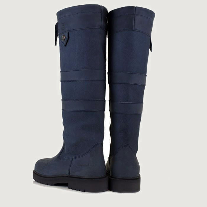 Bareback Dakota waterproof country boots in blue leather, rear view showing the lace-up calf adjustment