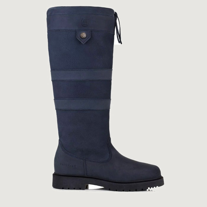 Bareback Dakota waterproof country boots in blue leather, side view of a single boot