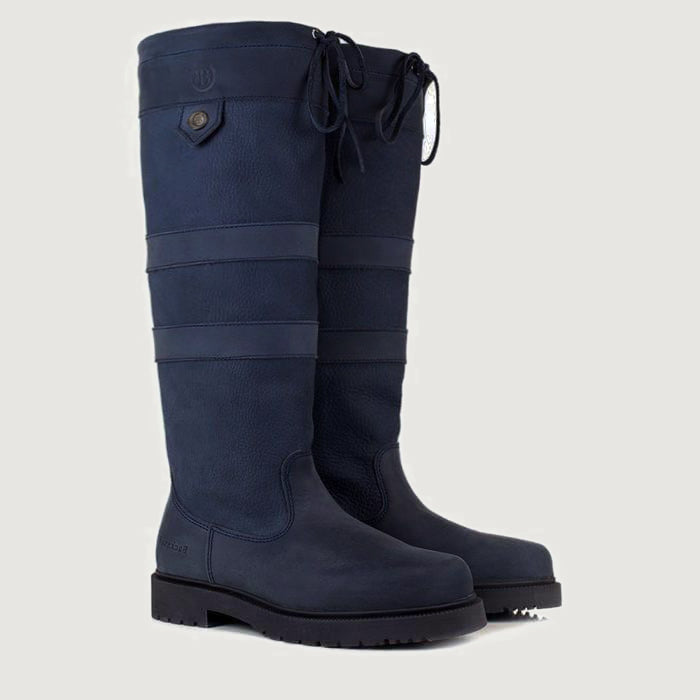 Bareback Dakota waterproof country boots in blue leather, angled side view of a single boot