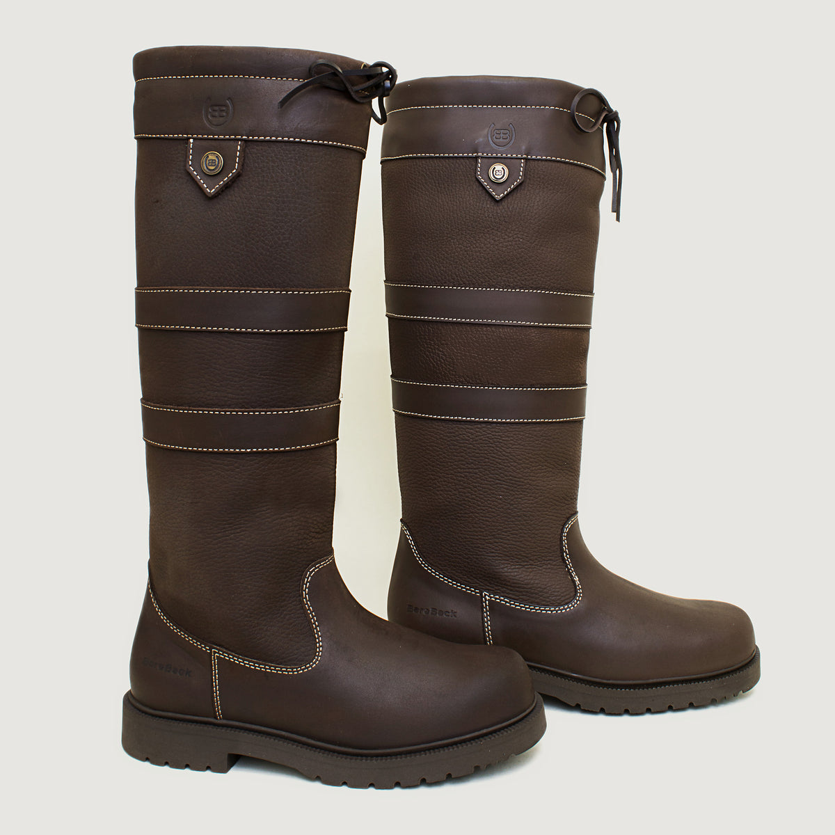 Bareback Dakota waterproof country boots in brown leather, front angled view of the pair