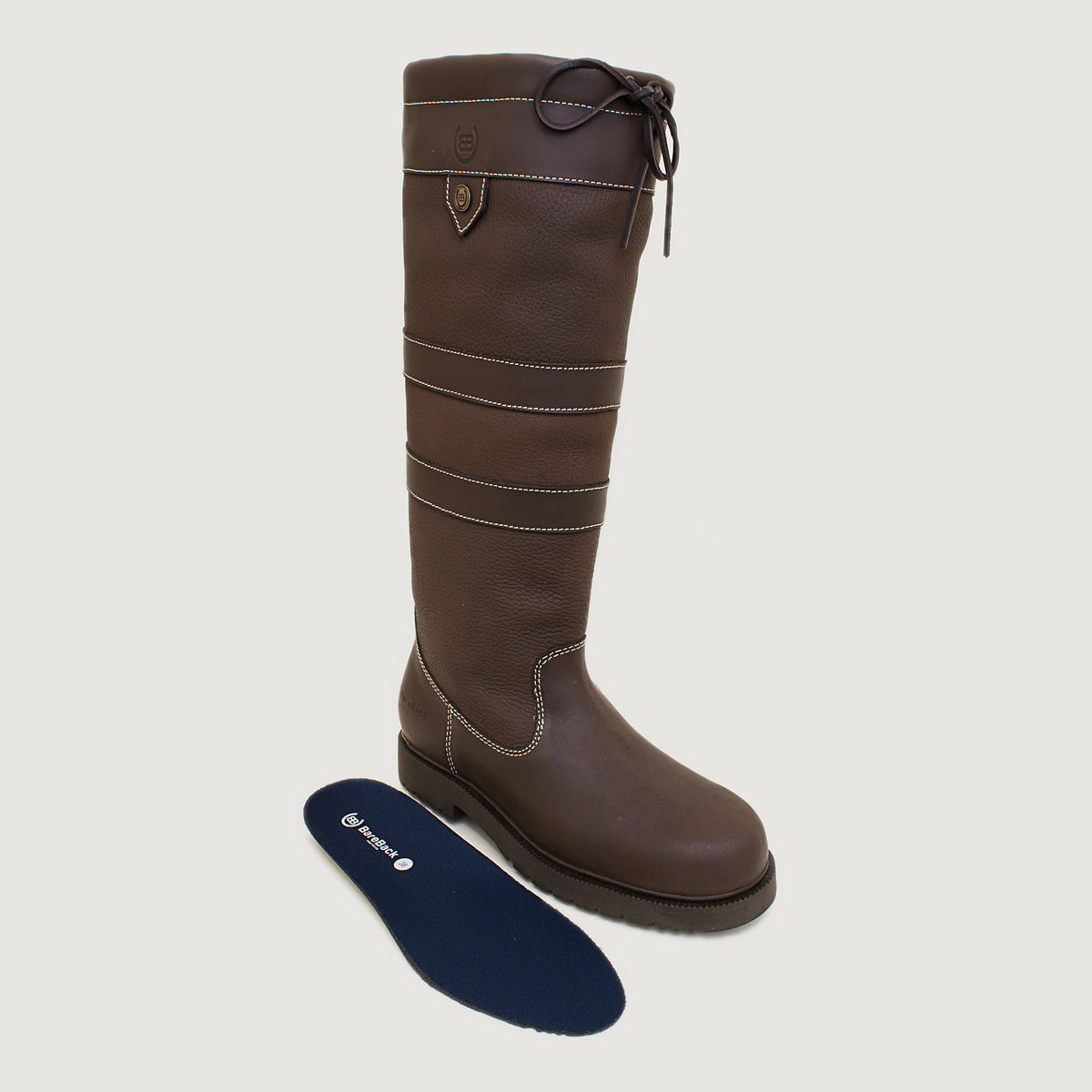 Bareback Dakota waterproof country boots in brown leather, angled front view of a single boot