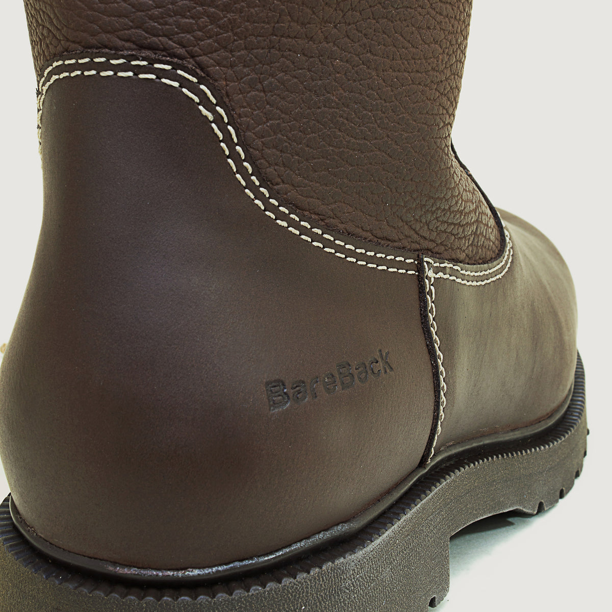 Bareback Dakota waterproof country boots in brown leather, close-up of the heel showing the BareBack branding