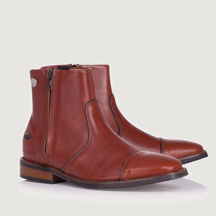 Bareback Dallas zip jodhpur boots in burgundy leather, side view of a single boot