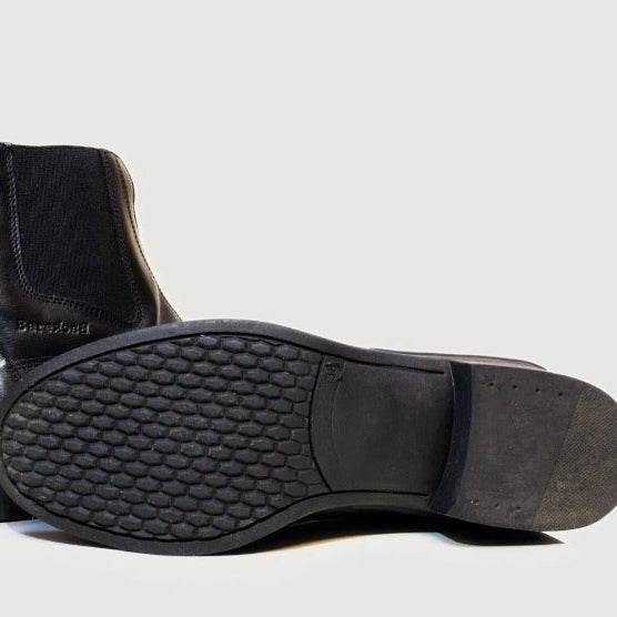 Bareback Idaho jodhpur boots in black leather, showing the patterned rubber outsole
