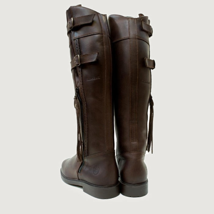 Bareback Lucianna tassel country boots in brown, rear view of the pair showing the zip tassels