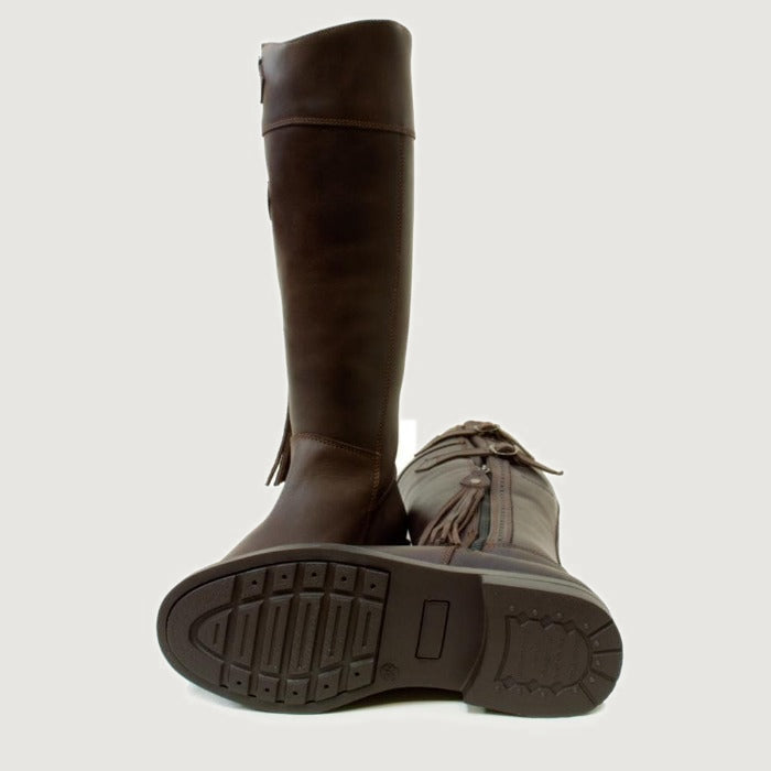 Bareback Lucianna tassel country boots in brown, showing the cleated rubber outsole
