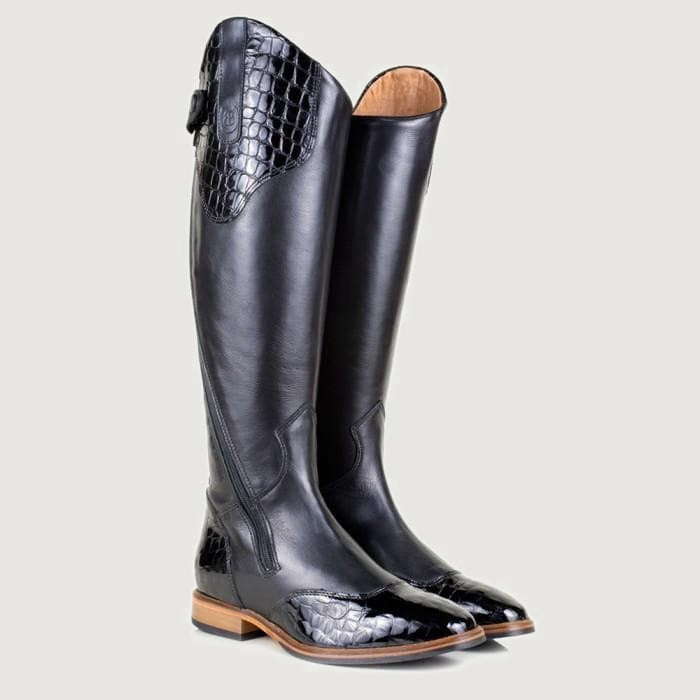 Bareback Milan long dress riding boots in black, rear three-quarter view of the pair