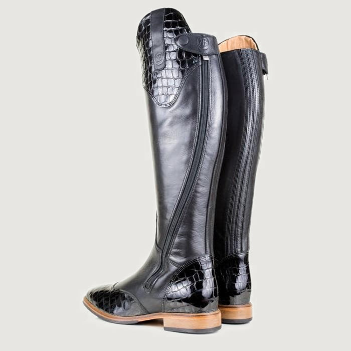 Bareback Milan long dress riding boots in black, side view showing the full-length zip