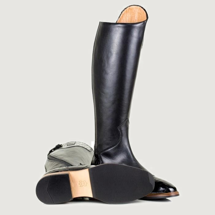 Bareback Milan long dress riding boots in black, showing the leather sole and heel