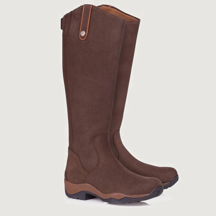 Bareback Montana long riding boots in brown, side view of a single boot